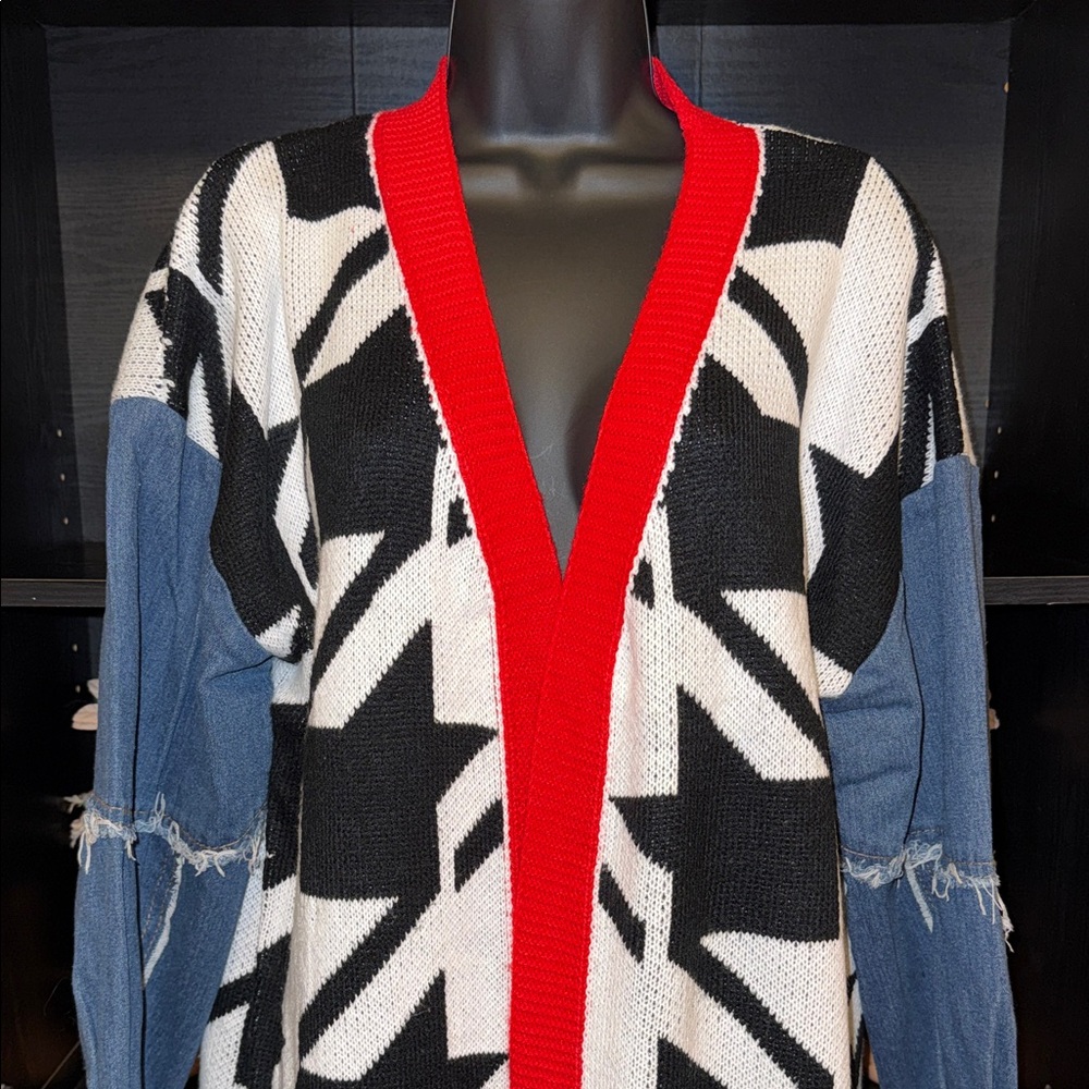 Black and White Houndstooth Cardigan with Red & Denim Trim